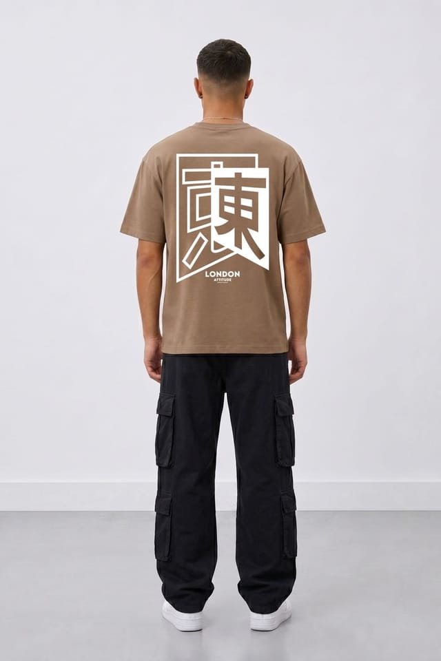 LONDON ATTITUDE LONDON ATTITUDE Men's Japanese Inspired Premium Cotton Relaxed Fit T-Shirt in Brown - 3