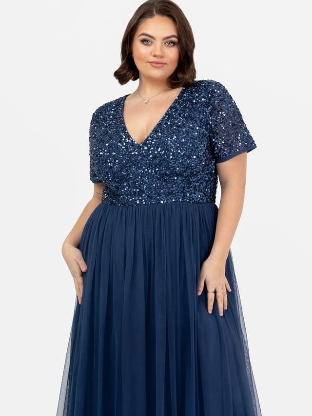 Maya Deluxe Maya Deluxe Women's Short Sleeve V Neck Embellished Maxi Dress in Navy - 2