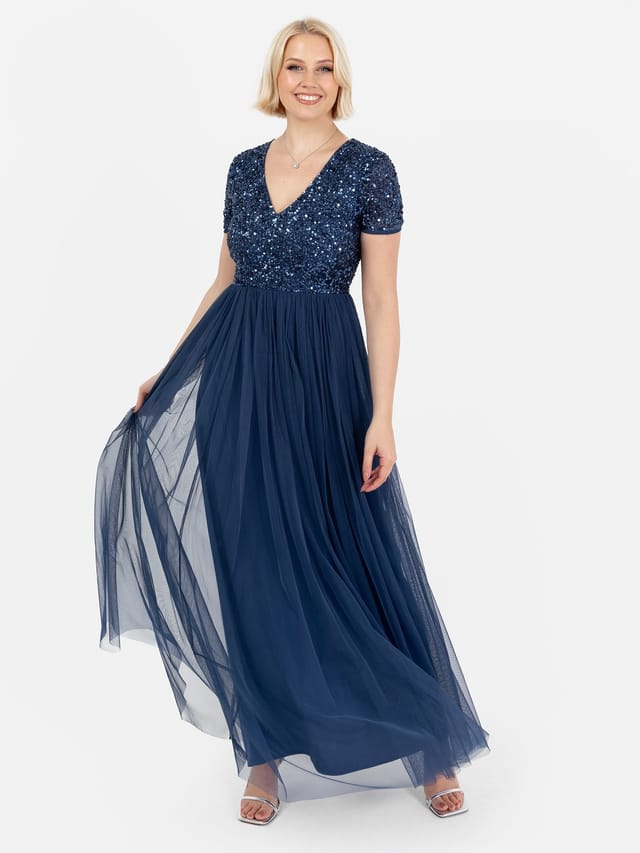 Maya Deluxe Maya Deluxe Women's Short Sleeve V Neck Embellished Maxi Dress in Navy - 3
