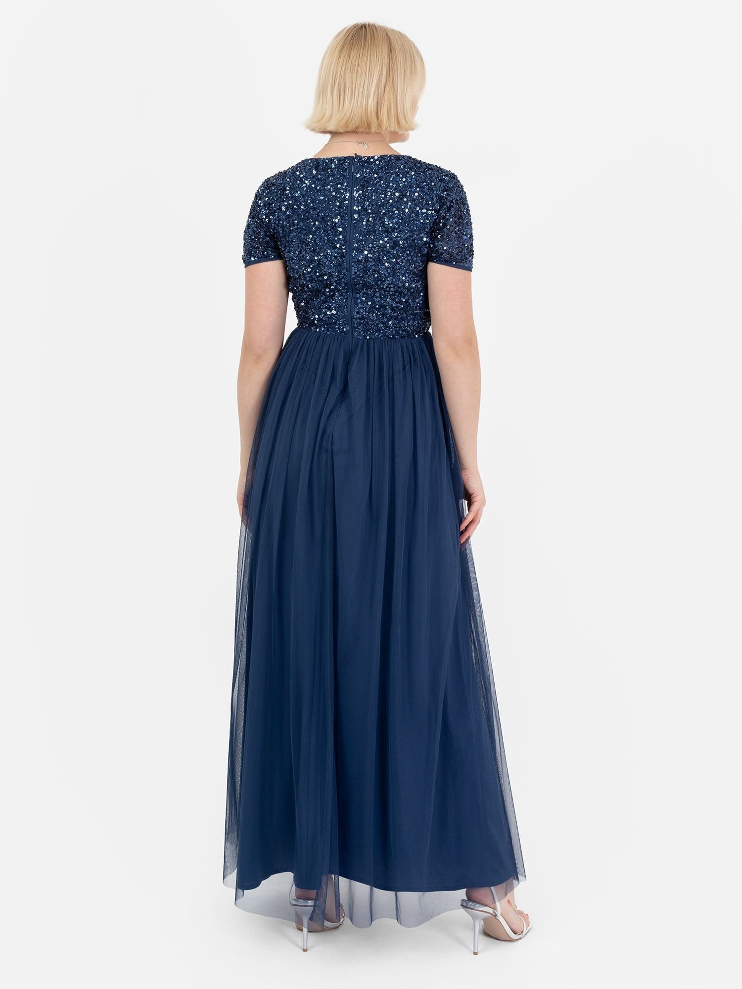 Maya Deluxe Maya Deluxe Women's Short Sleeve V Neck Embellished Maxi Dress in Navy - 4