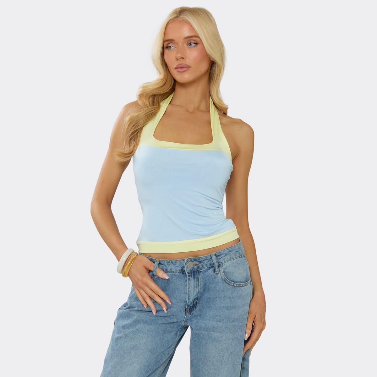 EGO Contrast Detail Halterneck Top In Blue, Women's Size UK 6 - 1