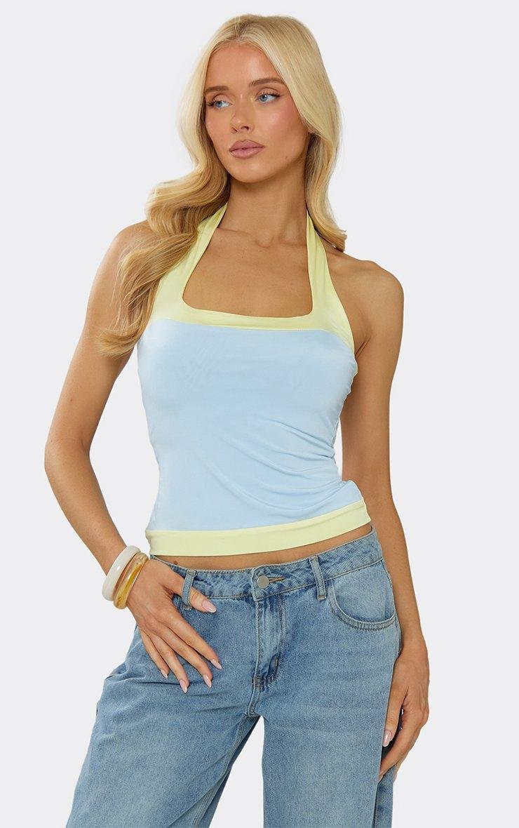 EGO Contrast Detail Halterneck Top In Blue, Women's Size UK 6 - 2