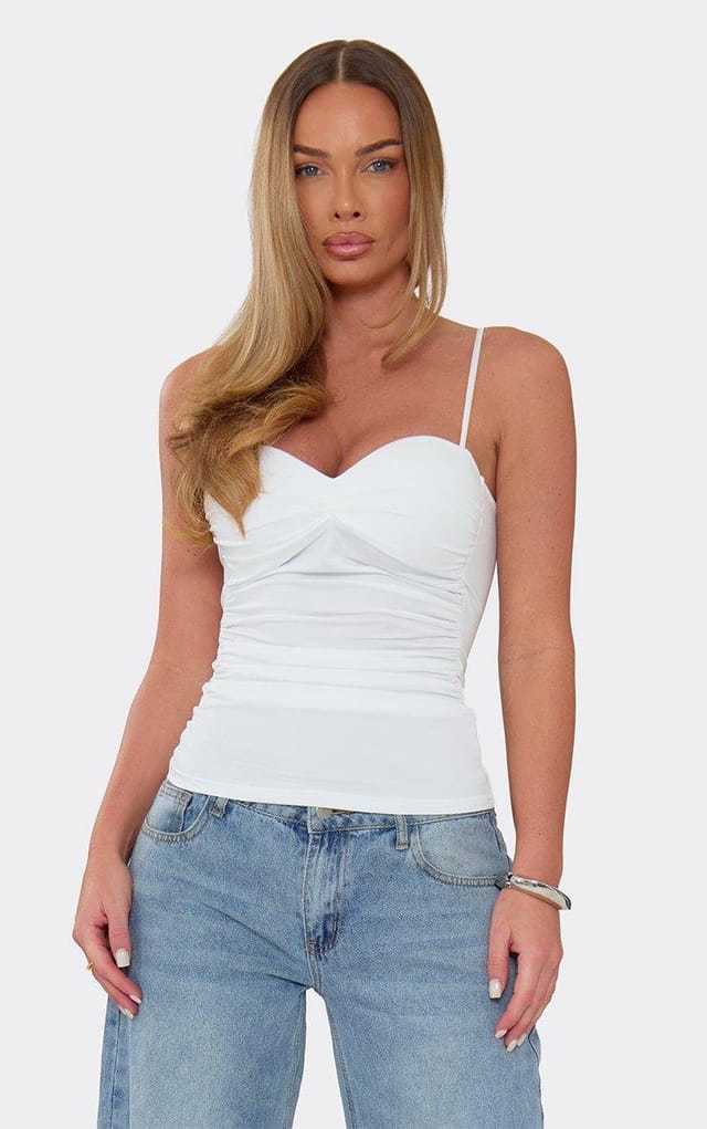 EGO Strappy Cup Detail Ruched Top In White, Women's Size UK M/L - 2