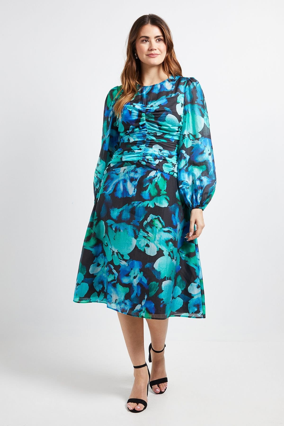 Wallis Black Floral Ruched Midi Dress