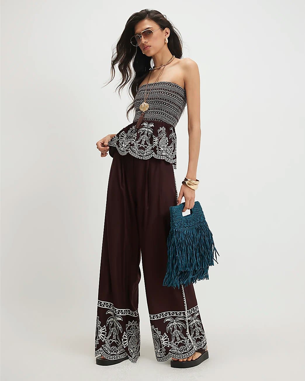 River Island River Island Womens Brown Cotton Embroidered Hem Trousers