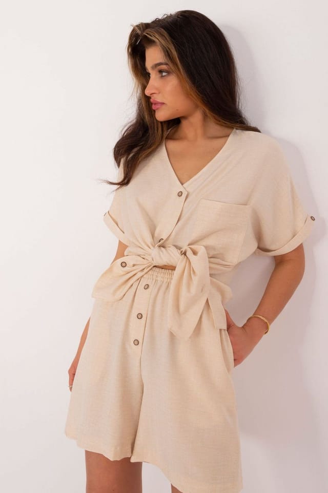 Love Lace Love Lace Women's Summer Cotton Blend Shirt & Knee Shorts Set in Beige - 2