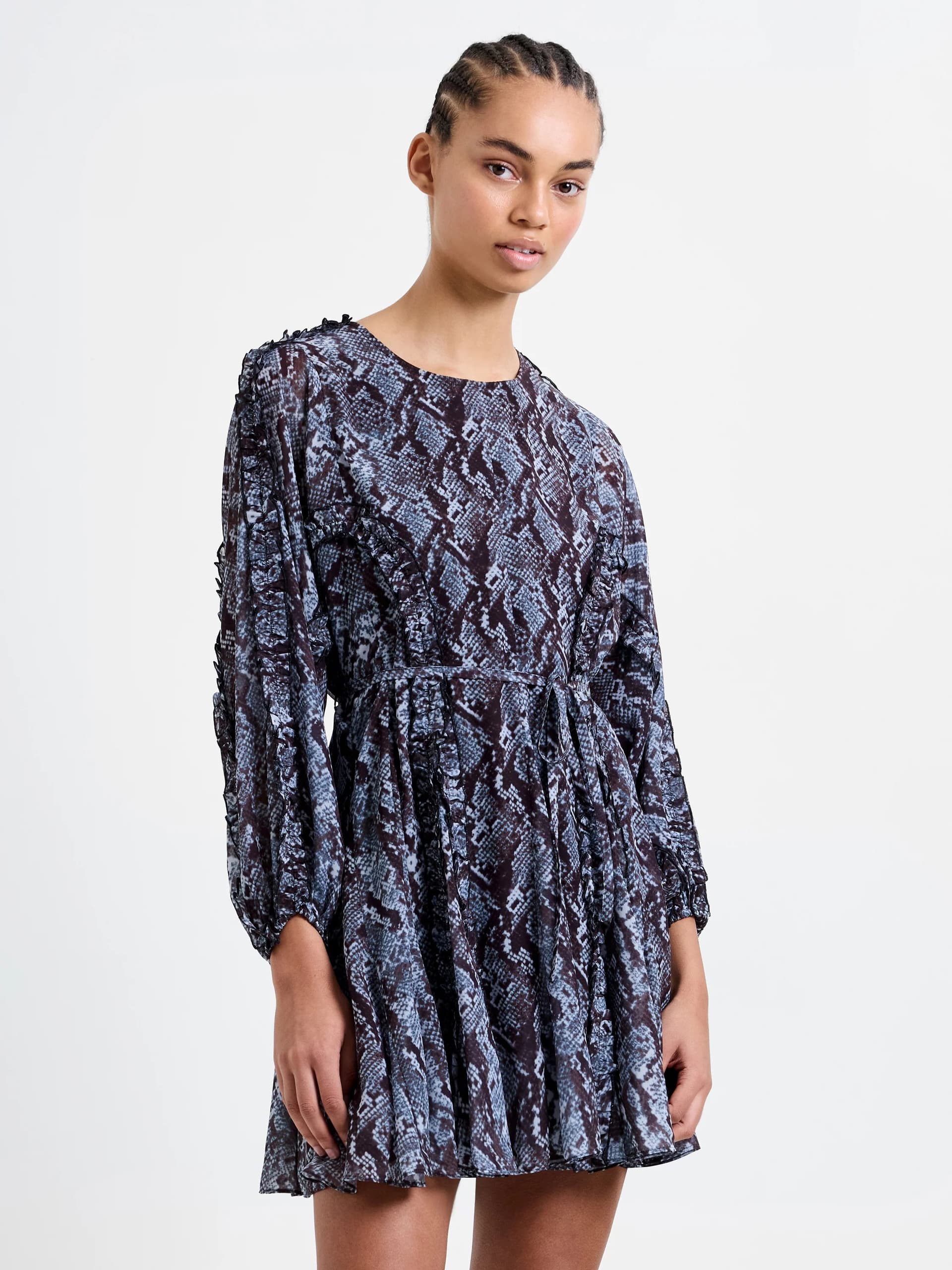 French Connection Snake Print Long Sleeve Mini Dress Blue Multi