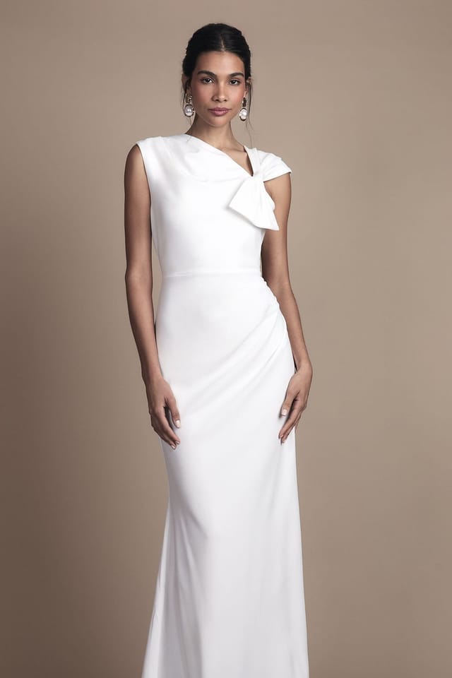 Coast Coast Women's Asymetric Neckline with Bow Detail Crepe Midi Wedding Dress in Ivory - 2