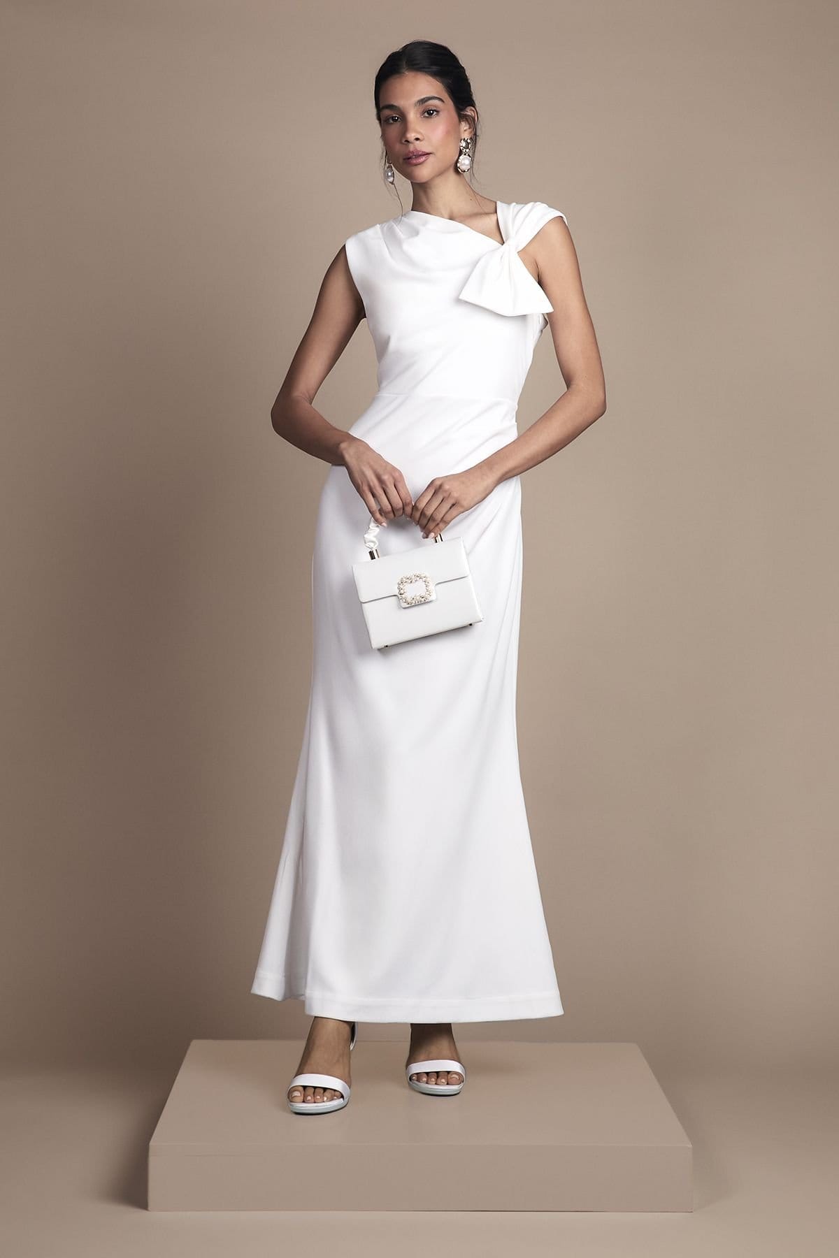 Coast Coast Women's Asymetric Neckline with Bow Detail Crepe Midi Wedding Dress in Ivory - 4