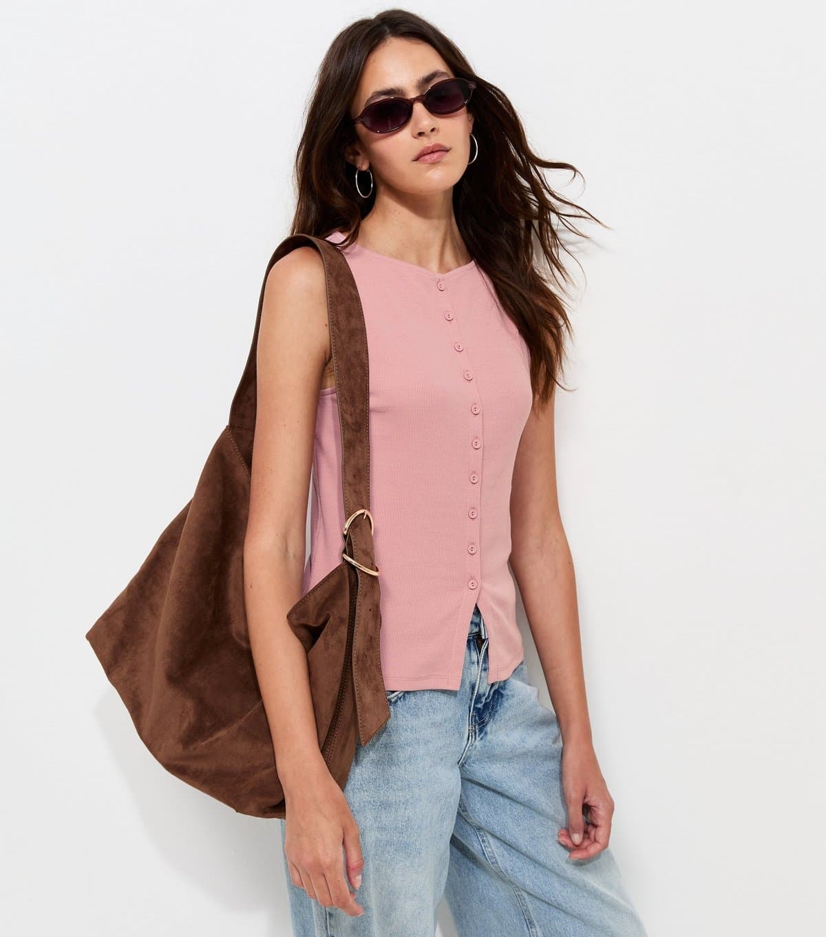 New Look New Look Light Pink Cotton Rich Button Through Tank Top