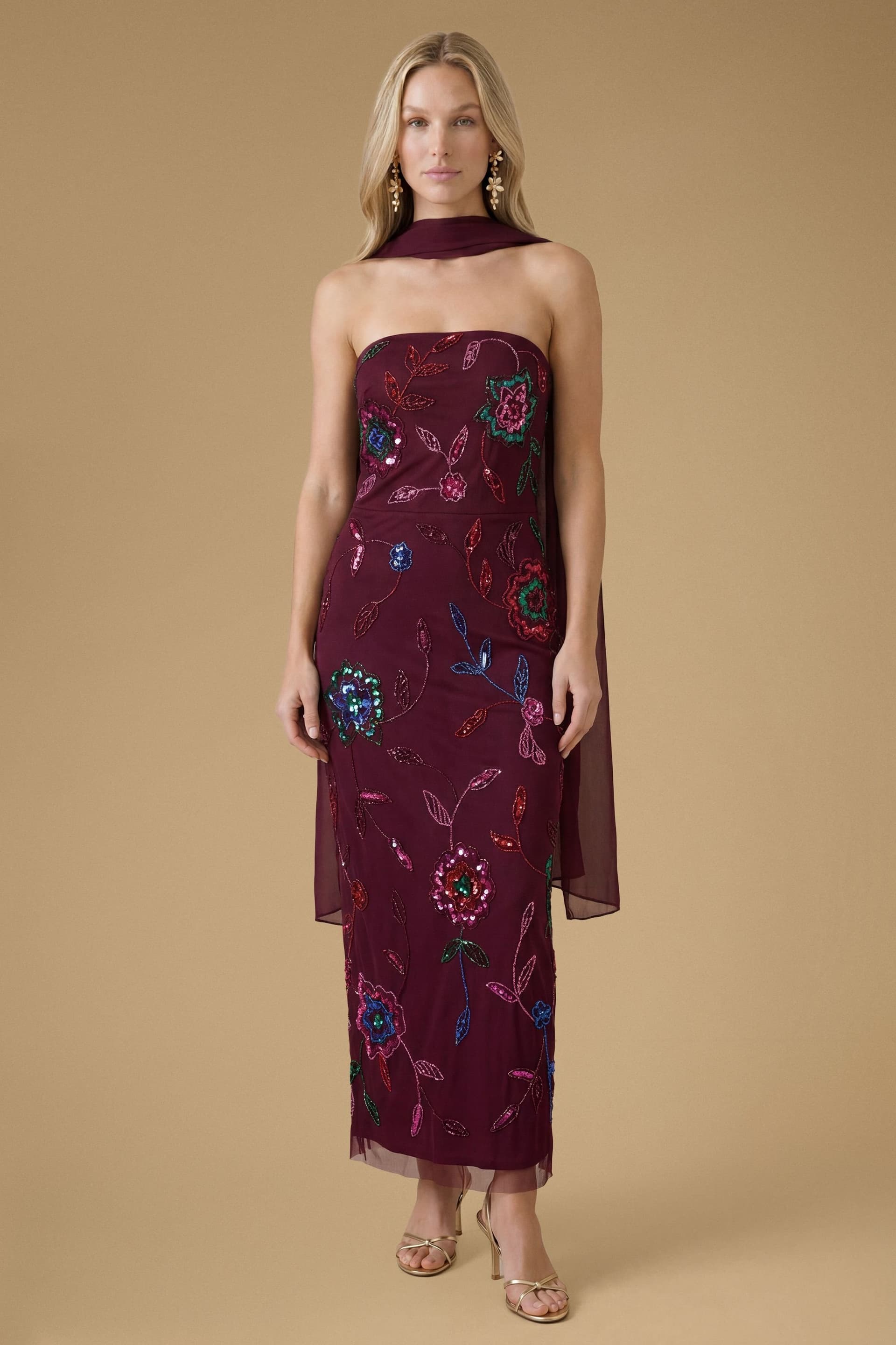 Oasis Oasis Women's Floral Embellished Mesh Midaxi Dress in Malbec
