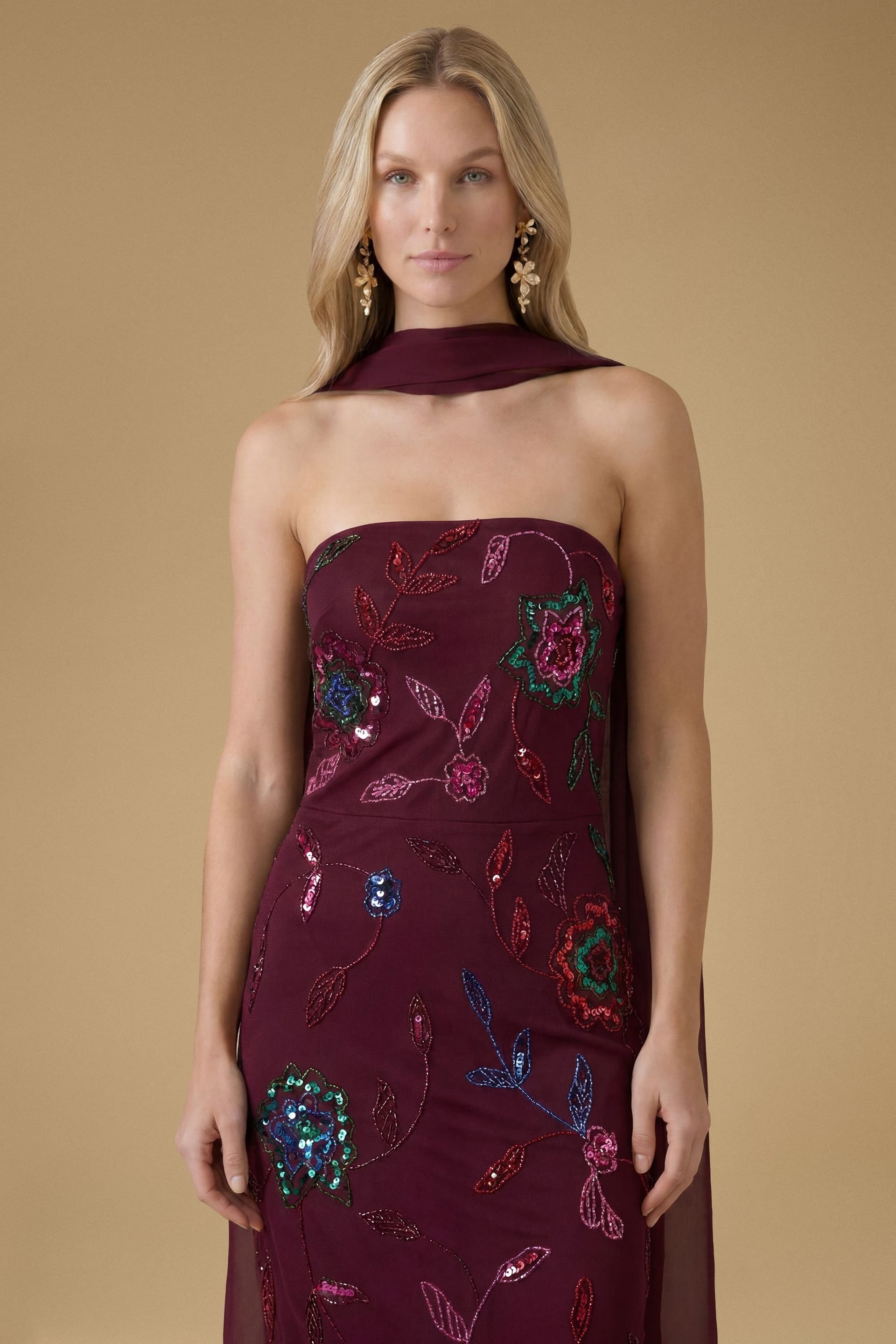 Oasis Oasis Women's Floral Embellished Mesh Midaxi Dress in Malbec - 4