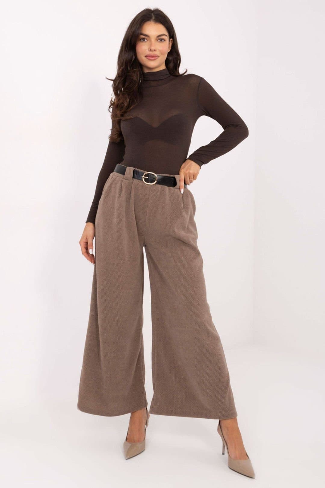 Love Lace Love Lace Women's Corduroy High Waist Wide Leg Trousers Style 220873 in Brown
