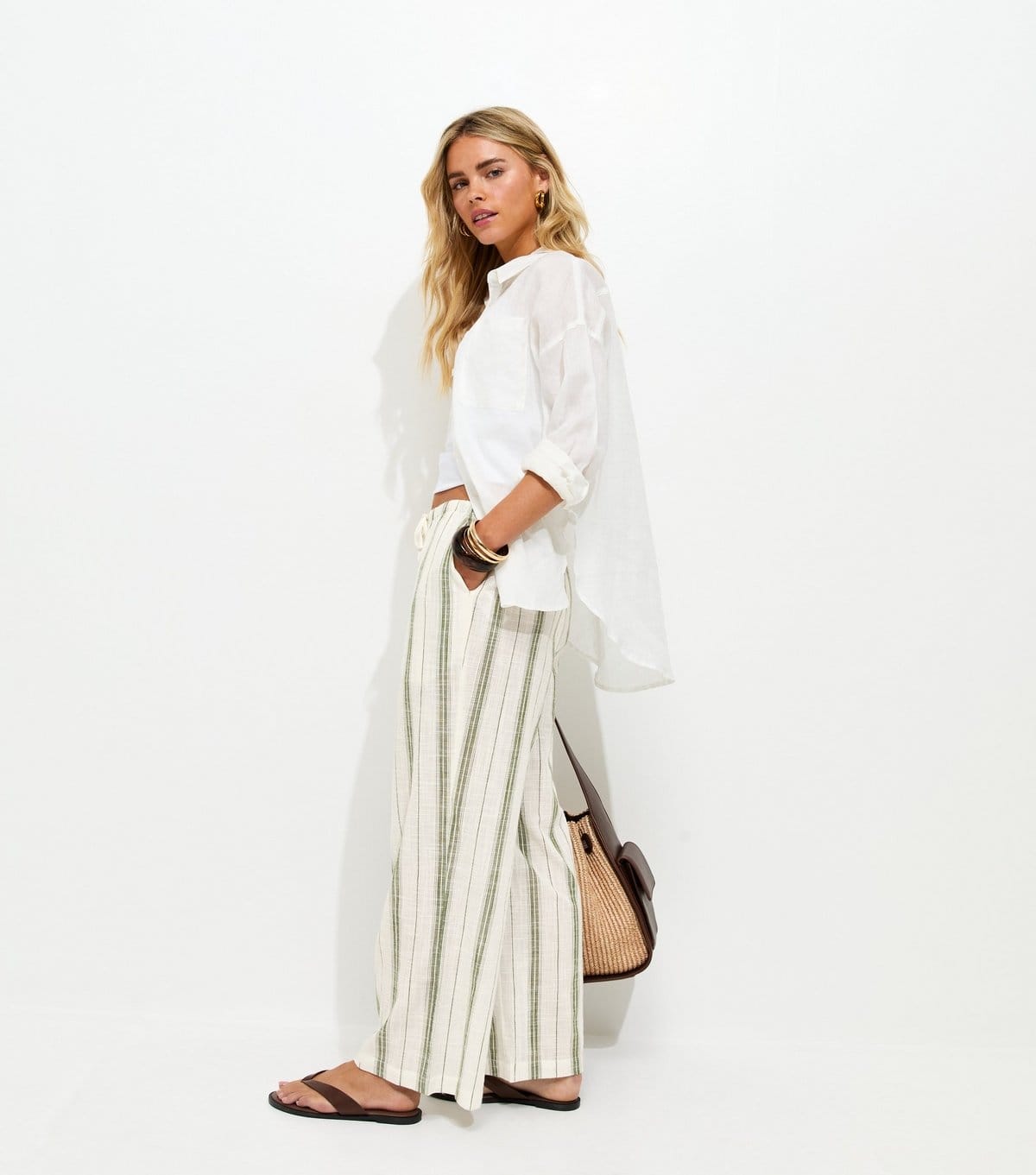 New Look Green Striped Woven Wide Leg Petite Trousers