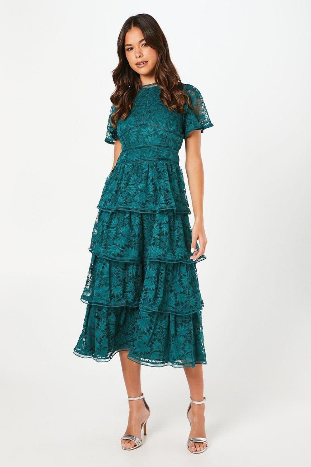 Coast Coast Women's Petite Tiered Lace Dress With Flutter Sleeve & Trims in Dark Green