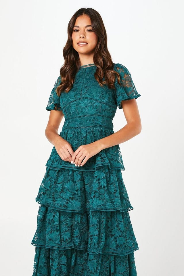 Coast Coast Women's Petite Tiered Lace Dress With Flutter Sleeve & Trims in Dark Green - 2