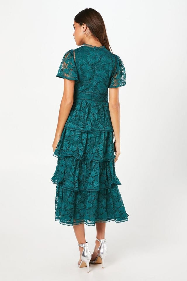 Coast Coast Women's Petite Tiered Lace Dress With Flutter Sleeve & Trims in Dark Green - 3