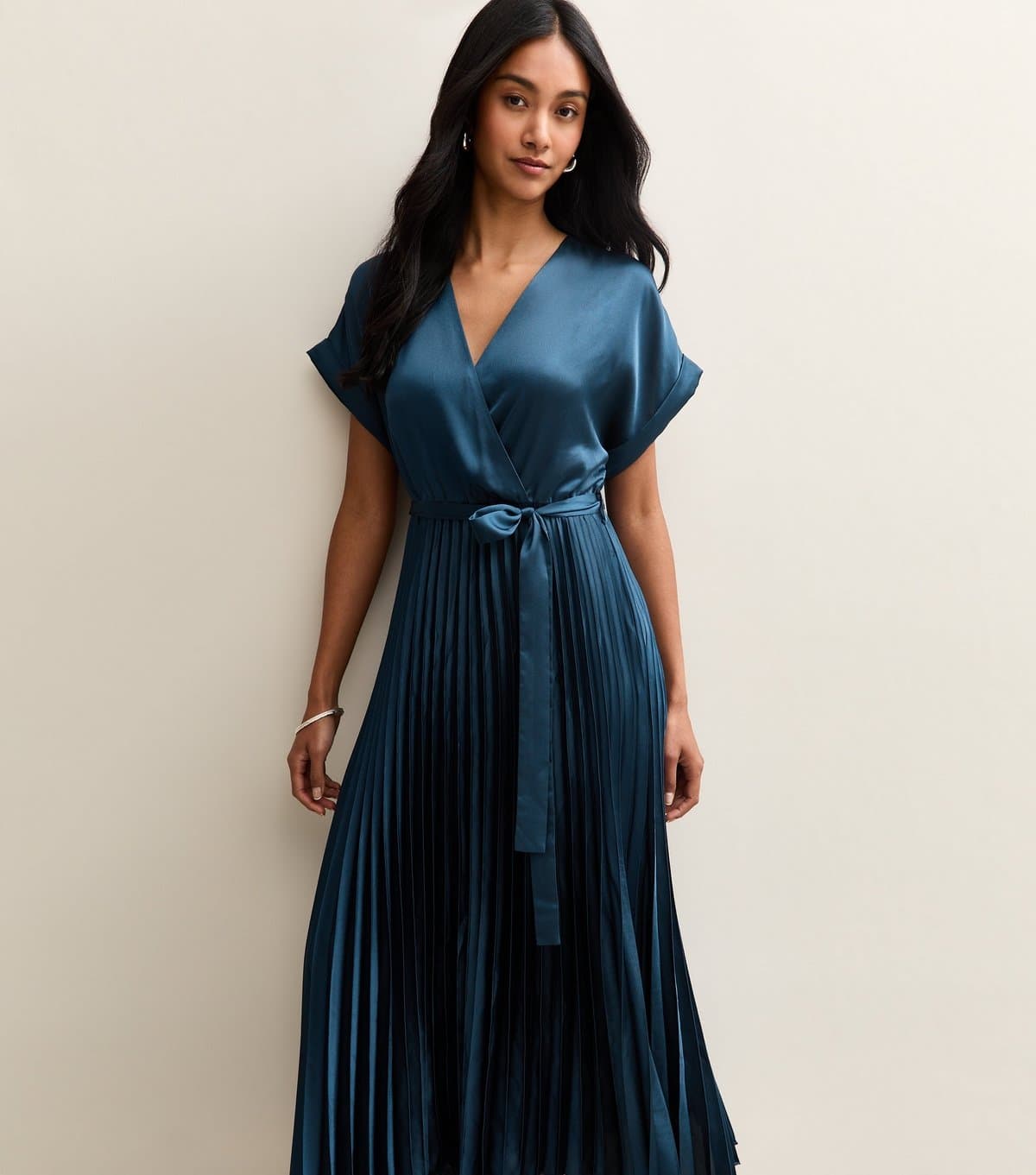 New Look Women's Navy Satin Pleated Wrap Midi Dress New Look