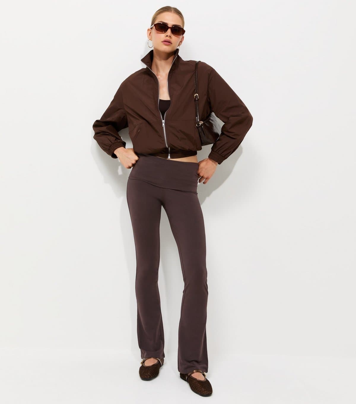 New Look Women's Dark Brown Cotton Rich Fold Over Waistband Flared Leggings New Look