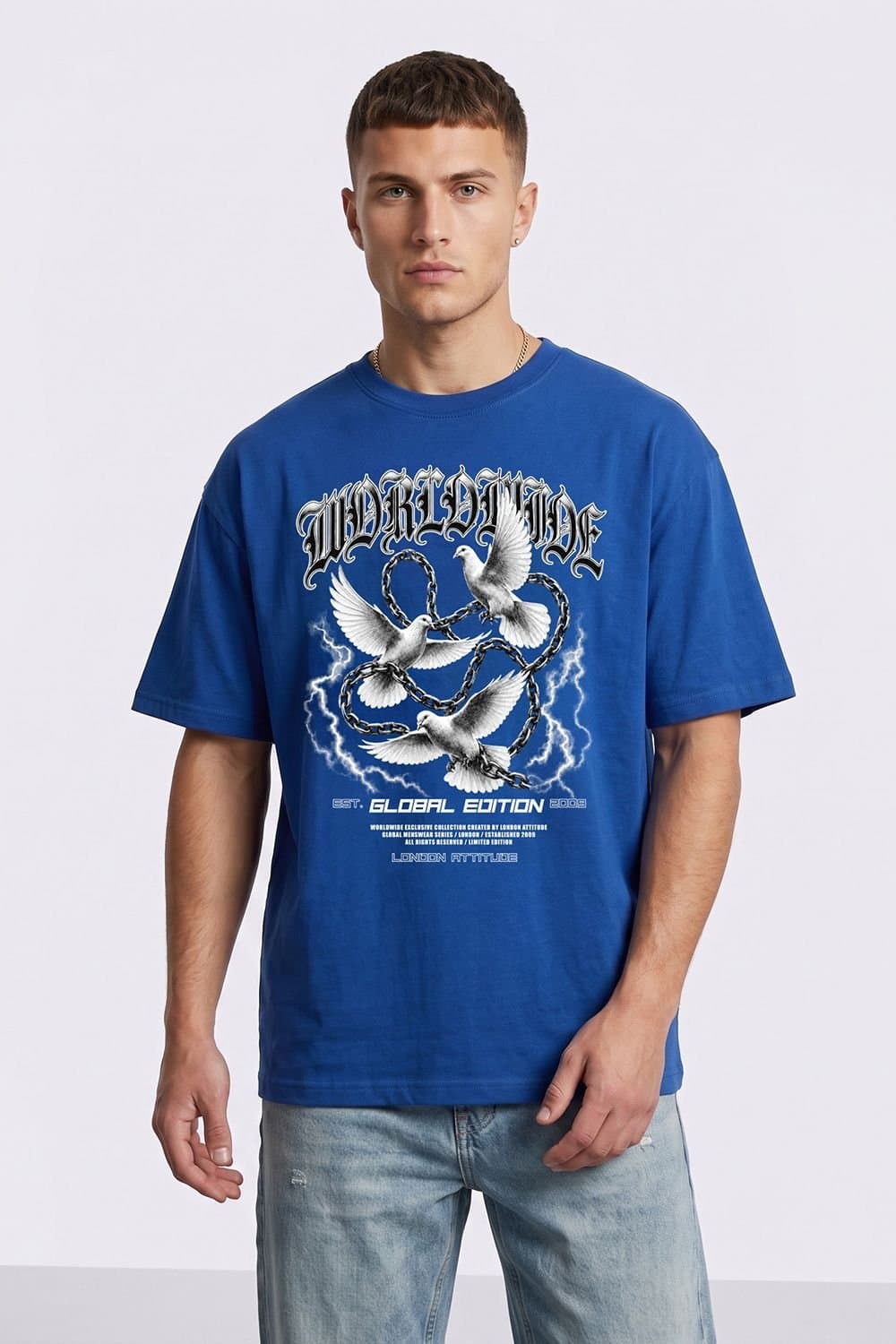LONDON ATTITUDE LONDON ATTITUDE Men's Worldwide Global Edition Oversized Heavyweight Graphic T-Shirt in Royal