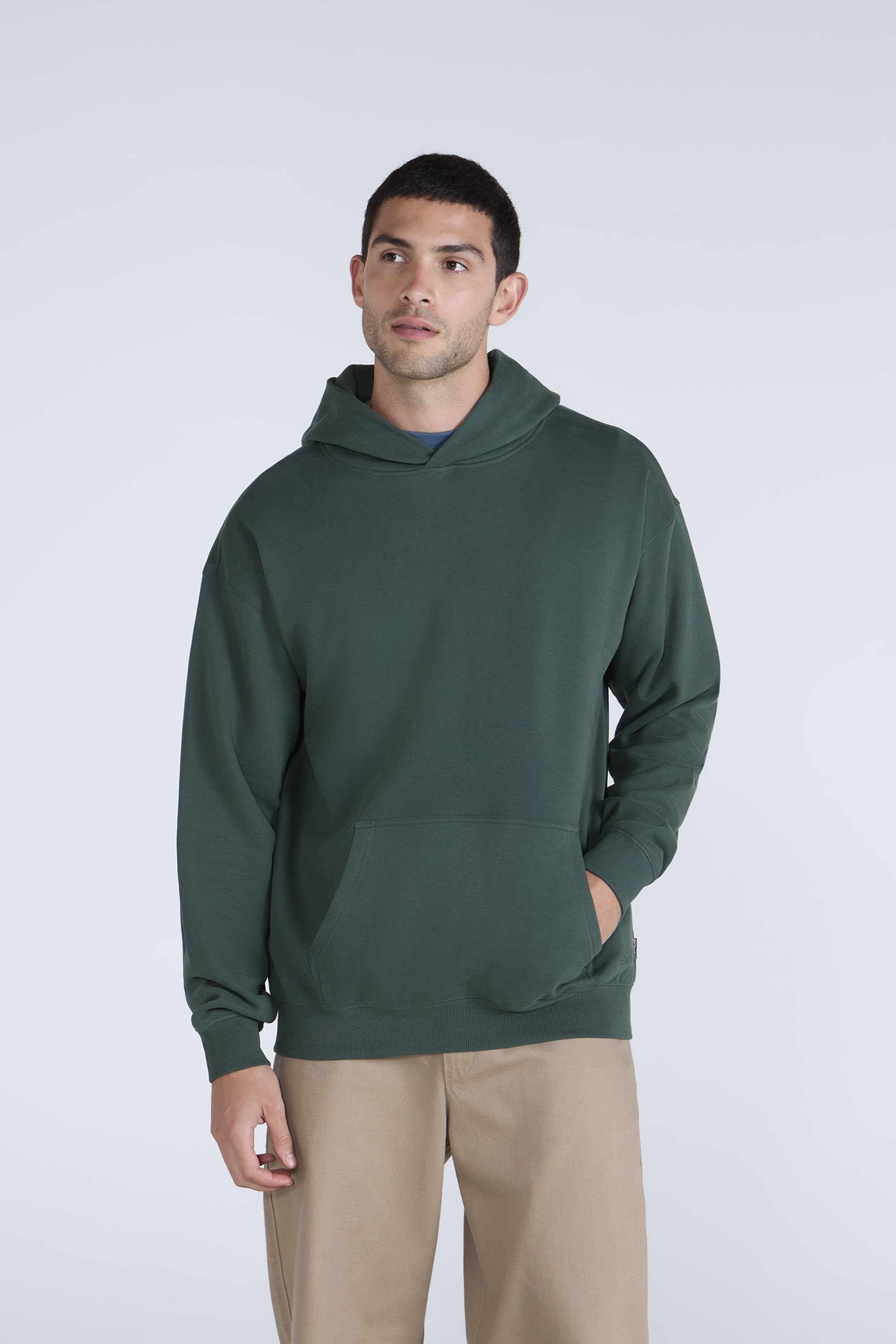 Animal Animal Men's 'Icon' Logo Print Kangaroo Pocket Cotton Snug Fit Drop Shoulder Hoody in Green - 2