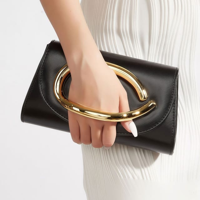 Lovii Lovii Women's Elegant Sculpted Gold Handle Clutch Bag with Detachable Chain Strap in Black - 2