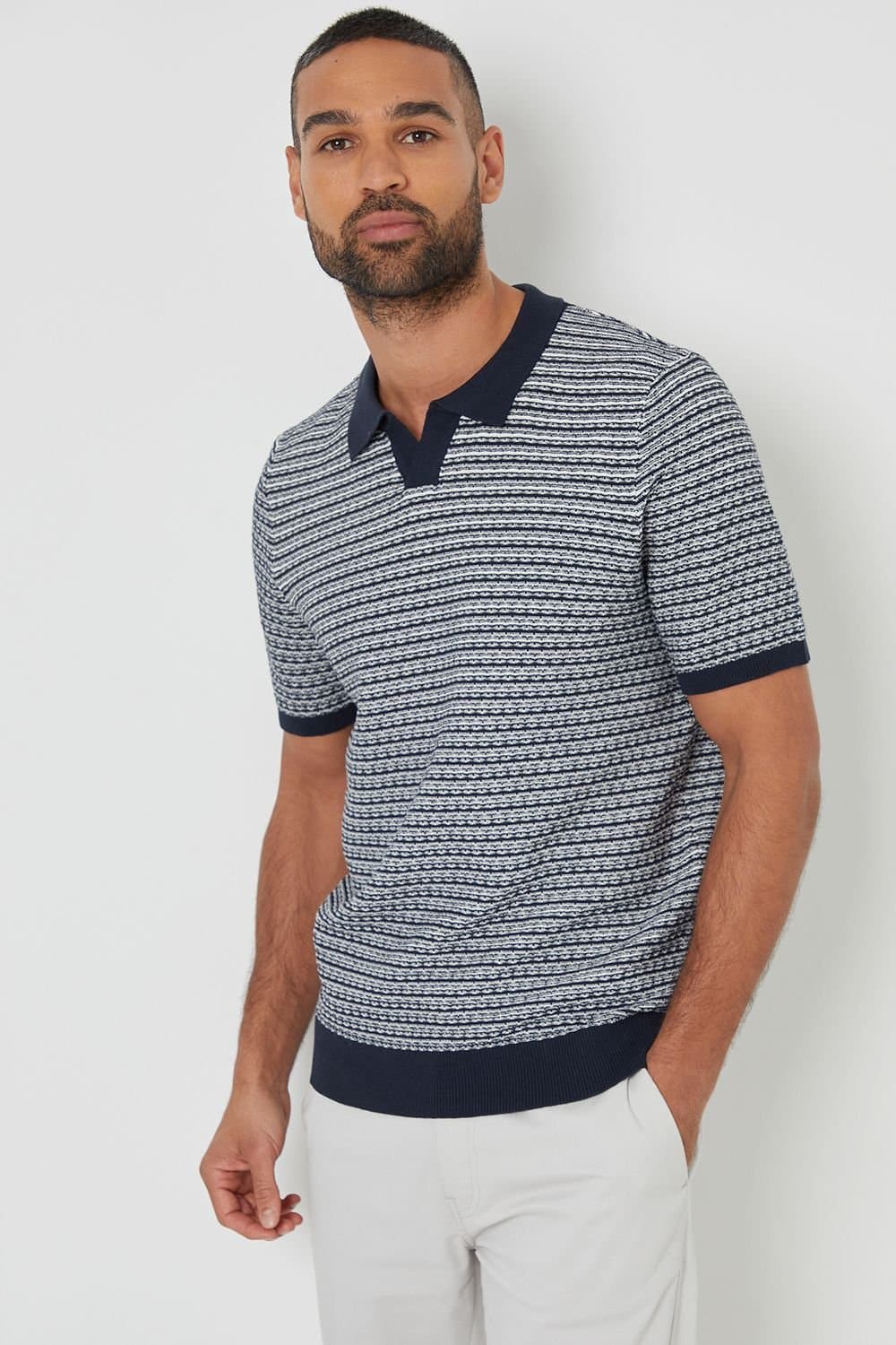Threadbare Threadbare Men's Textured Stripe Trophy Neck Knitted Polo Shirt in Navy