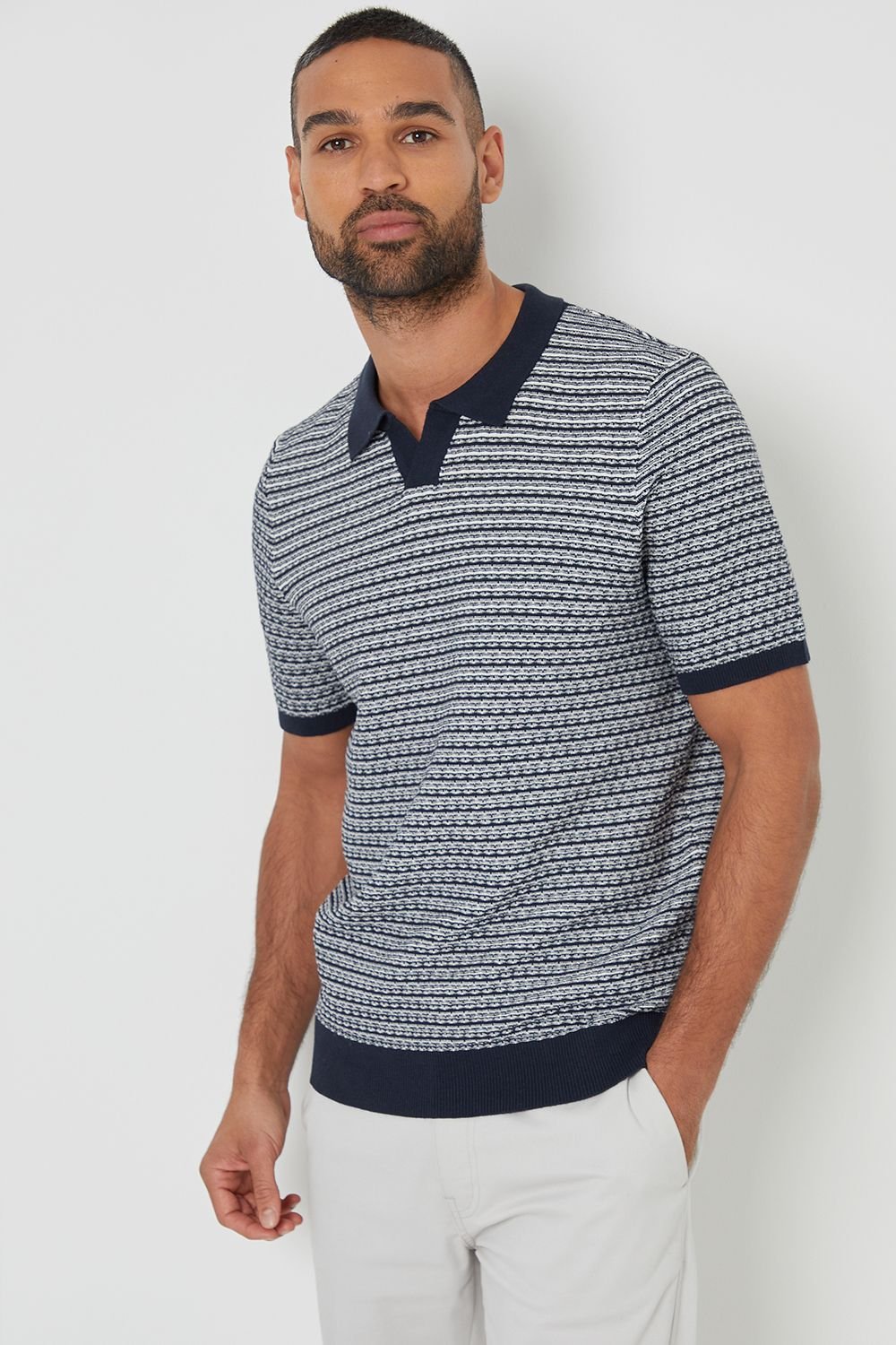 Threadbare Threadbare Men's Textured Stripe Trophy Neck Knitted Polo Shirt in Navy - 2