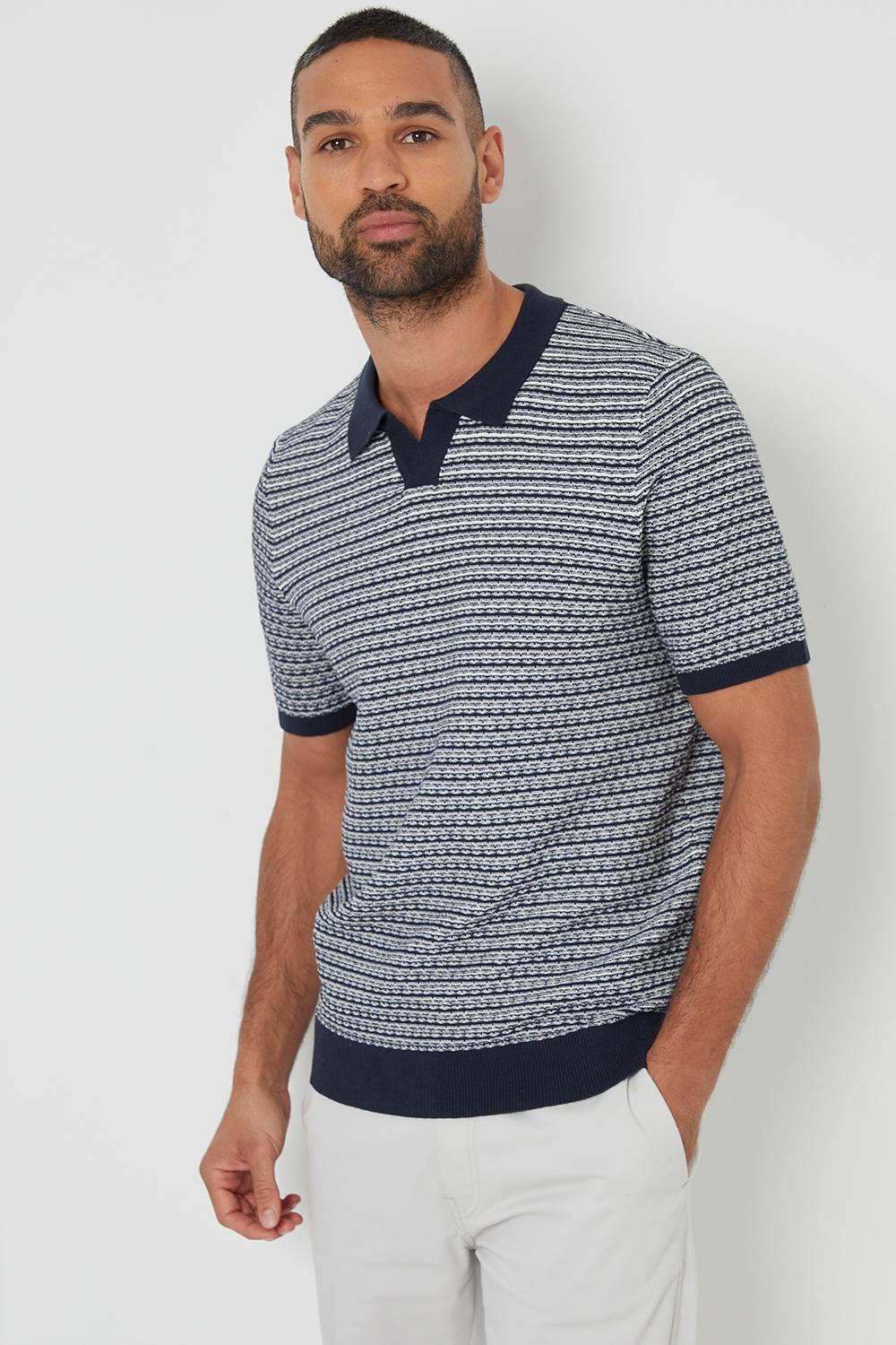 Threadbare Threadbare Men's Textured Stripe Trophy Neck Knitted Polo Shirt in Navy - 3