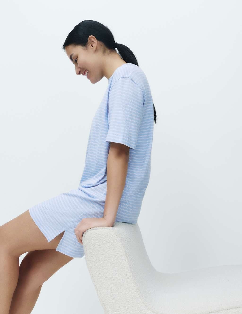 Marks & Spencer M&S Cotton Modal Striped Nightie Blue Mix - 1