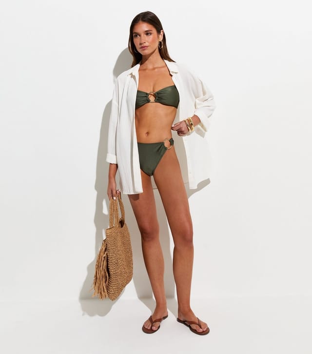 New Look Women's Dark Green Hammered Golden Ring Hipster Bikini Bottoms New Look - 2