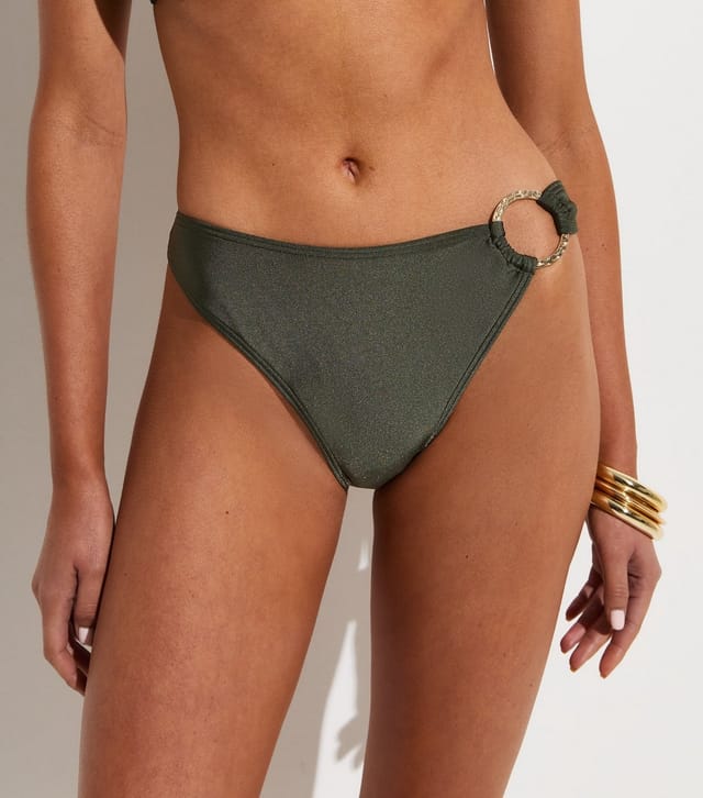 New Look Women's Dark Green Hammered Golden Ring Hipster Bikini Bottoms New Look - 3