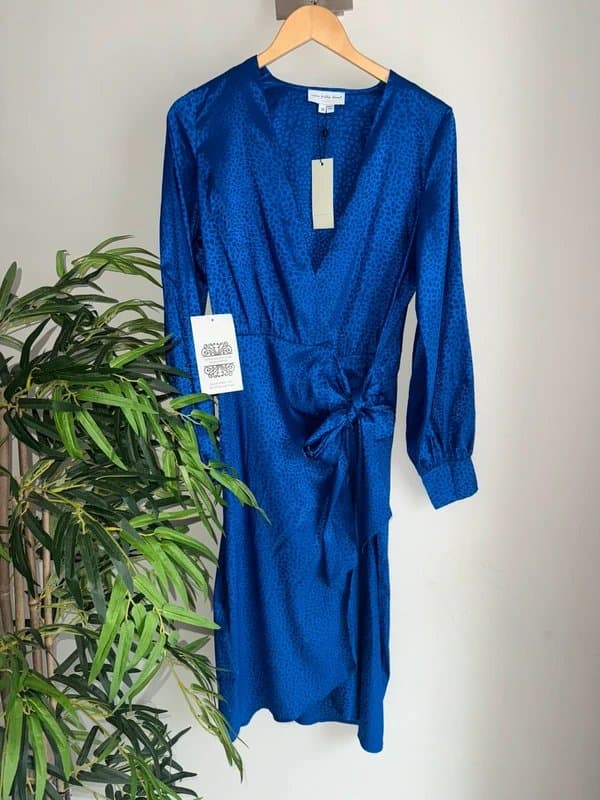 Never Fully Dressed Stunning Cobalt Blue Never Fully Dressed Leopard Print Satin Midi Midaxi Wrap Dress Size M RRP £110
