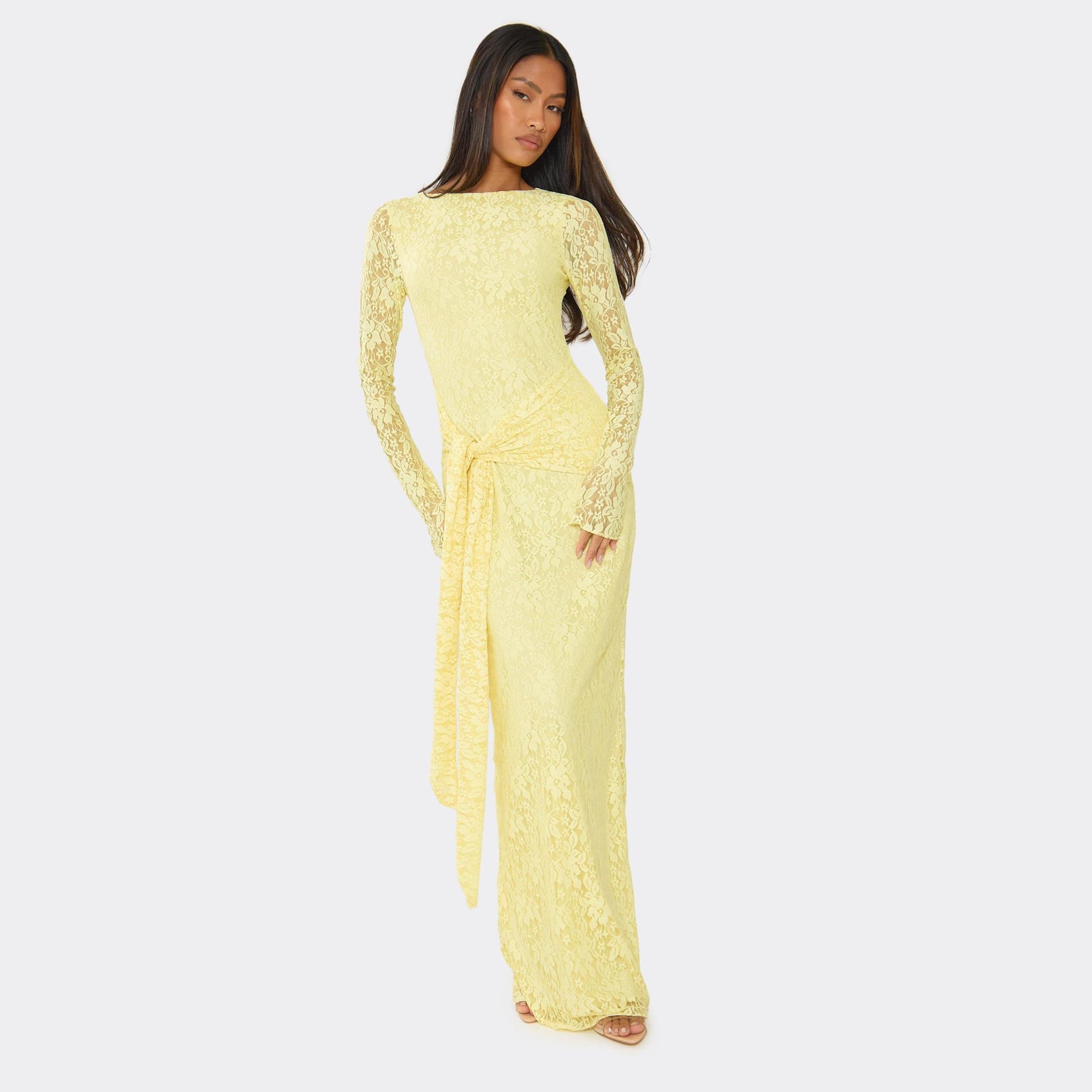 EGO Long Sleeve Tie Front Maxi Dress In Lemon Lace, Women's Size UK 6