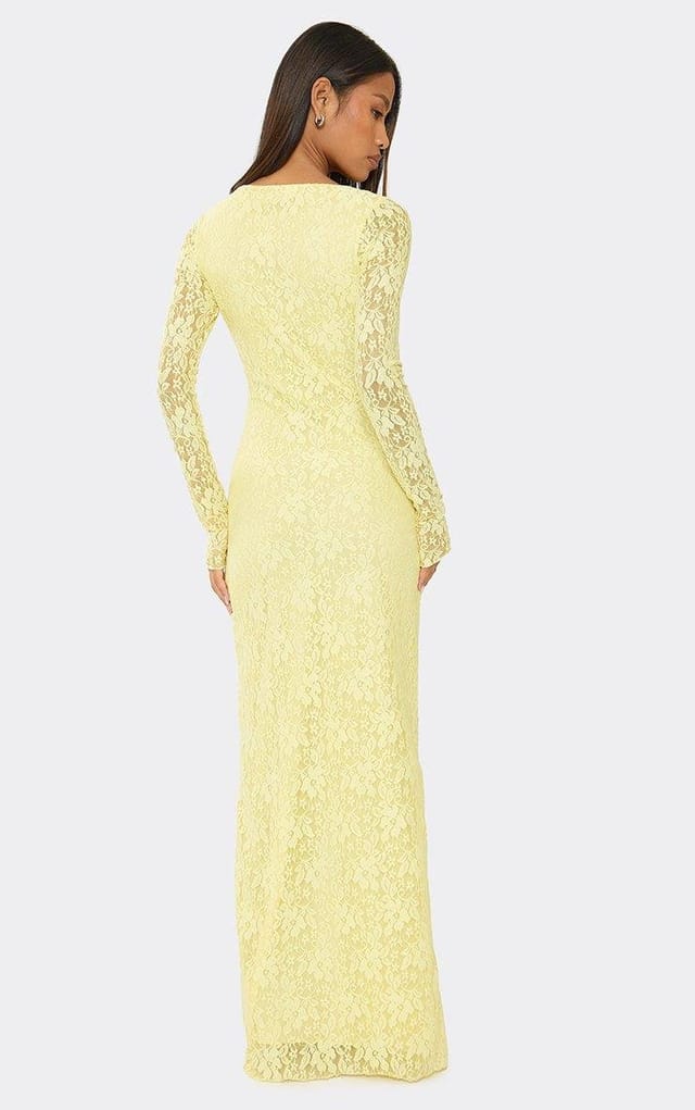 EGO Long Sleeve Tie Front Maxi Dress In Lemon Lace, Women's Size UK 6 - 2