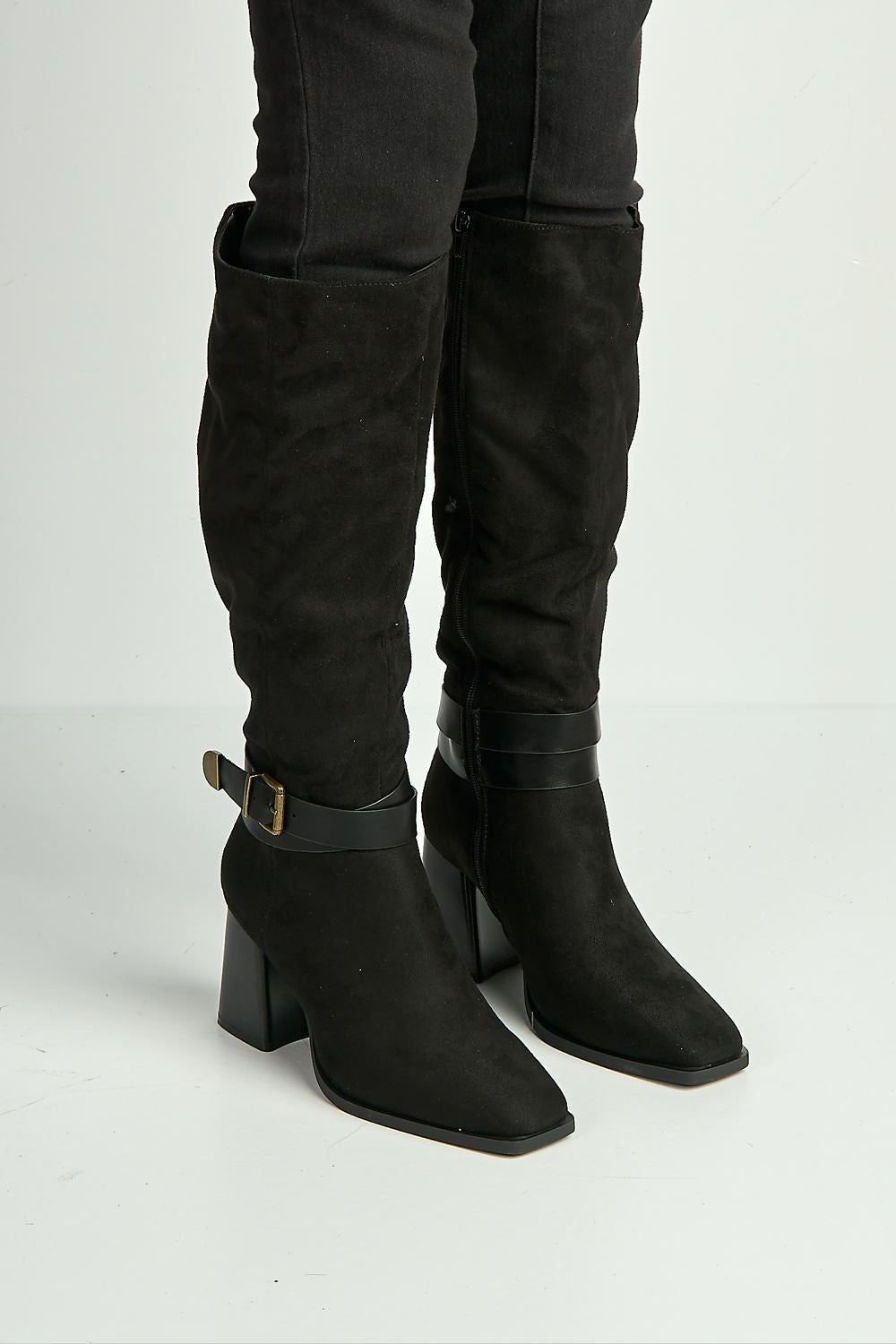 Miss Diva Miss Diva Women's Leilani Gold Buckle Detail Knee High Block Heel Boots in Black - 2