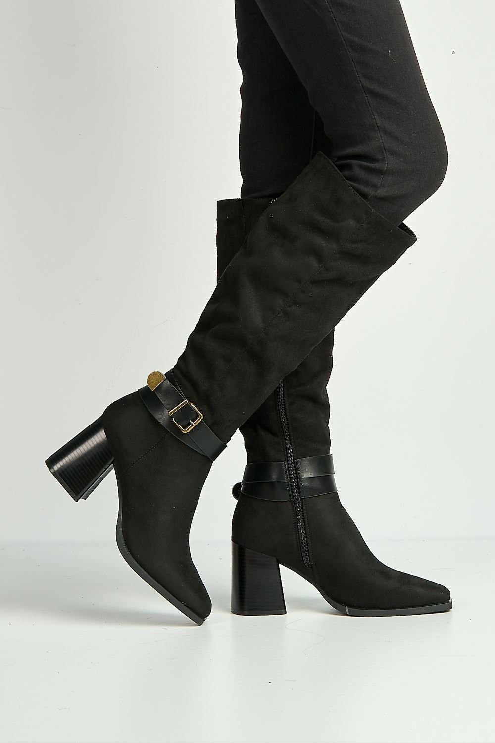Miss Diva Miss Diva Women's Leilani Gold Buckle Detail Knee High Block Heel Boots in Black - 3