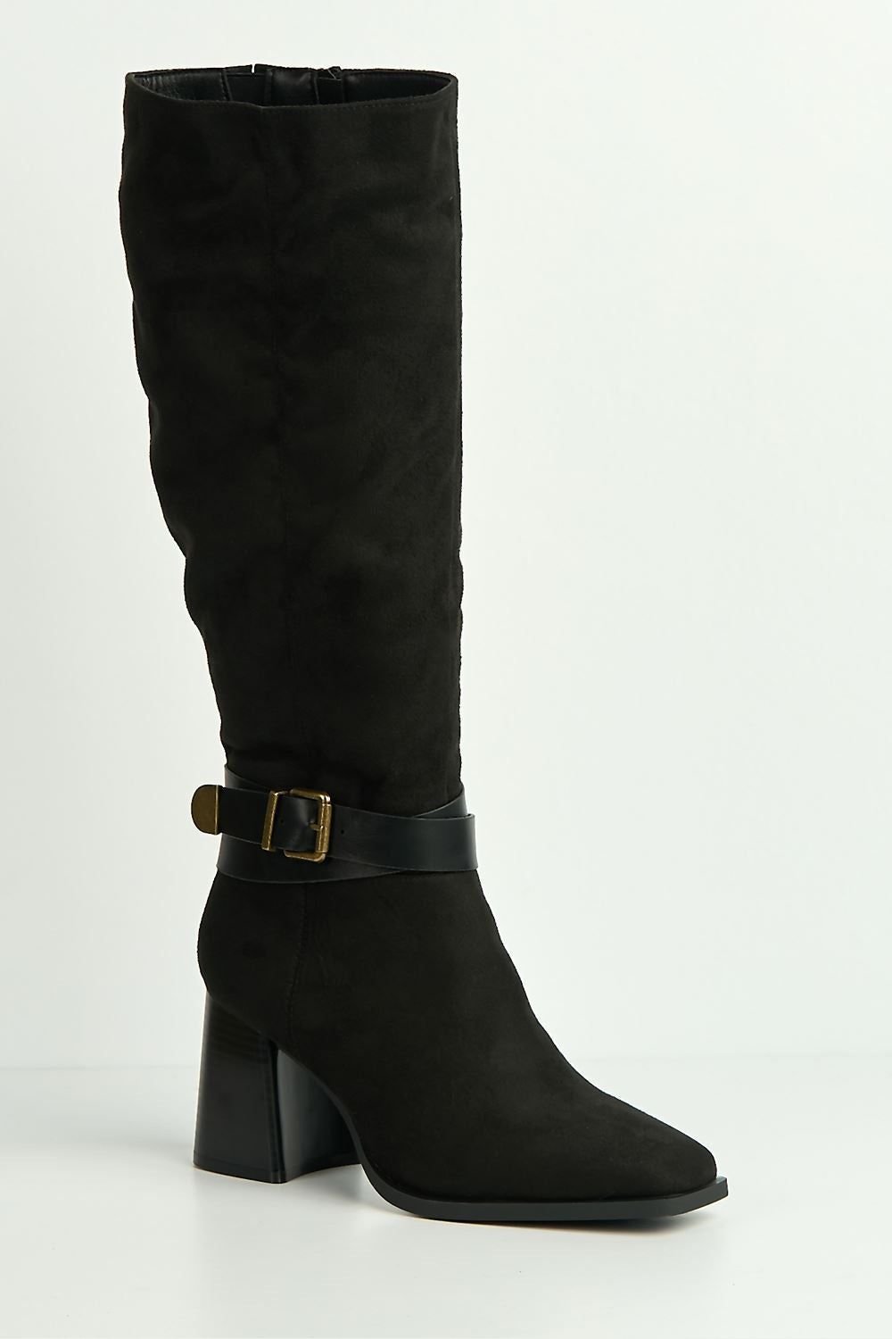 Miss Diva Miss Diva Women's Leilani Gold Buckle Detail Knee High Block Heel Boots in Black - 4