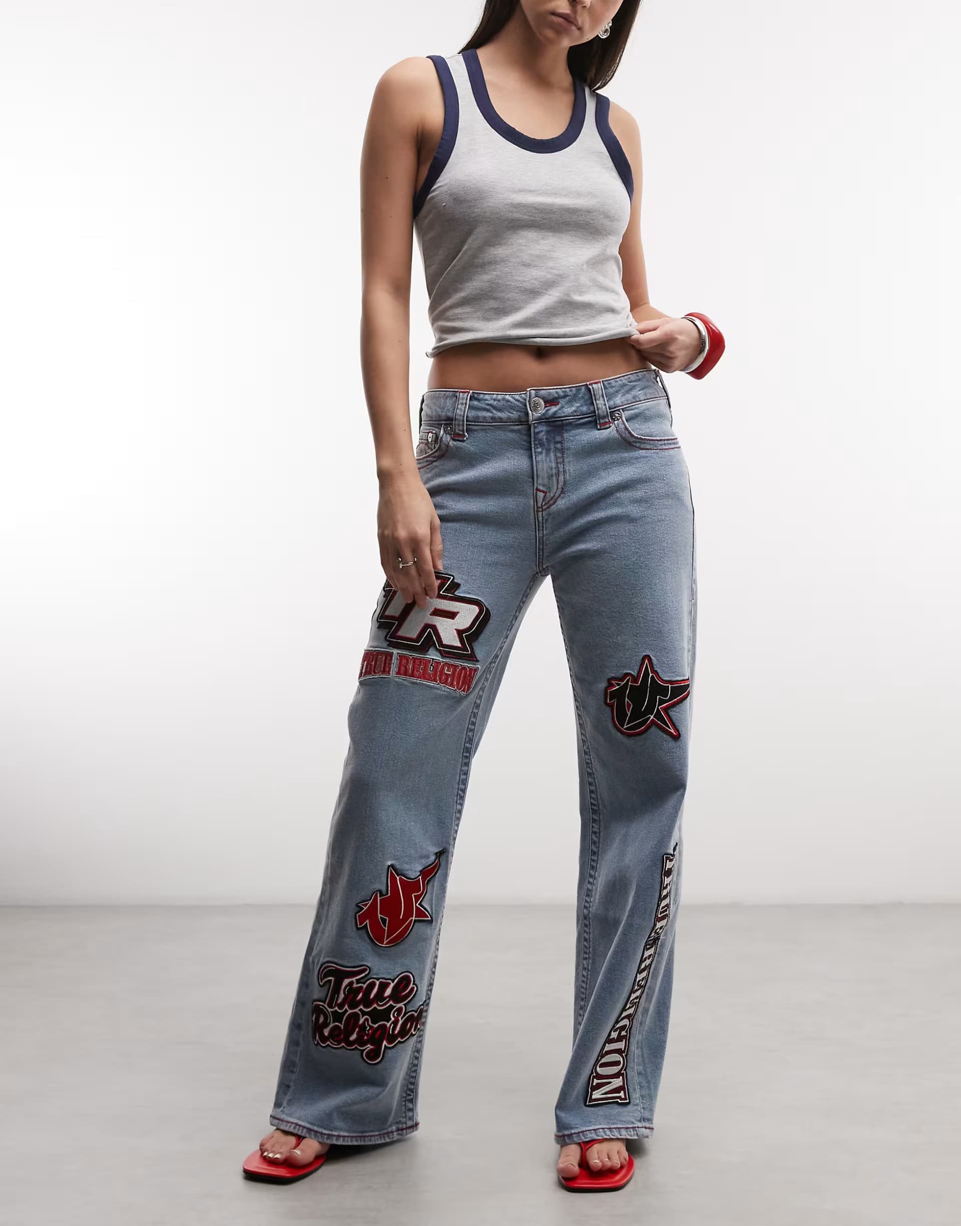 ASOS True Religion Light Wash Blue Baggy Moto Applique Jeans