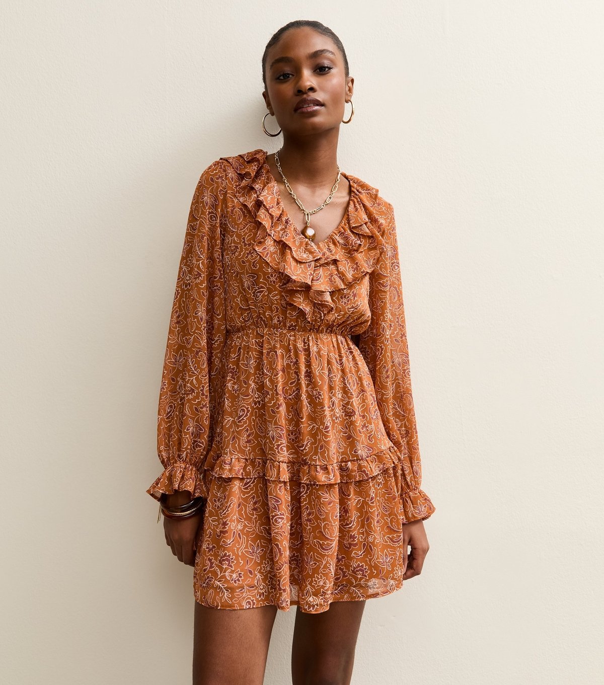 New Look Women's Orange Chiffon Ruffle Paisley Pattern Mini Dress New Look - 3