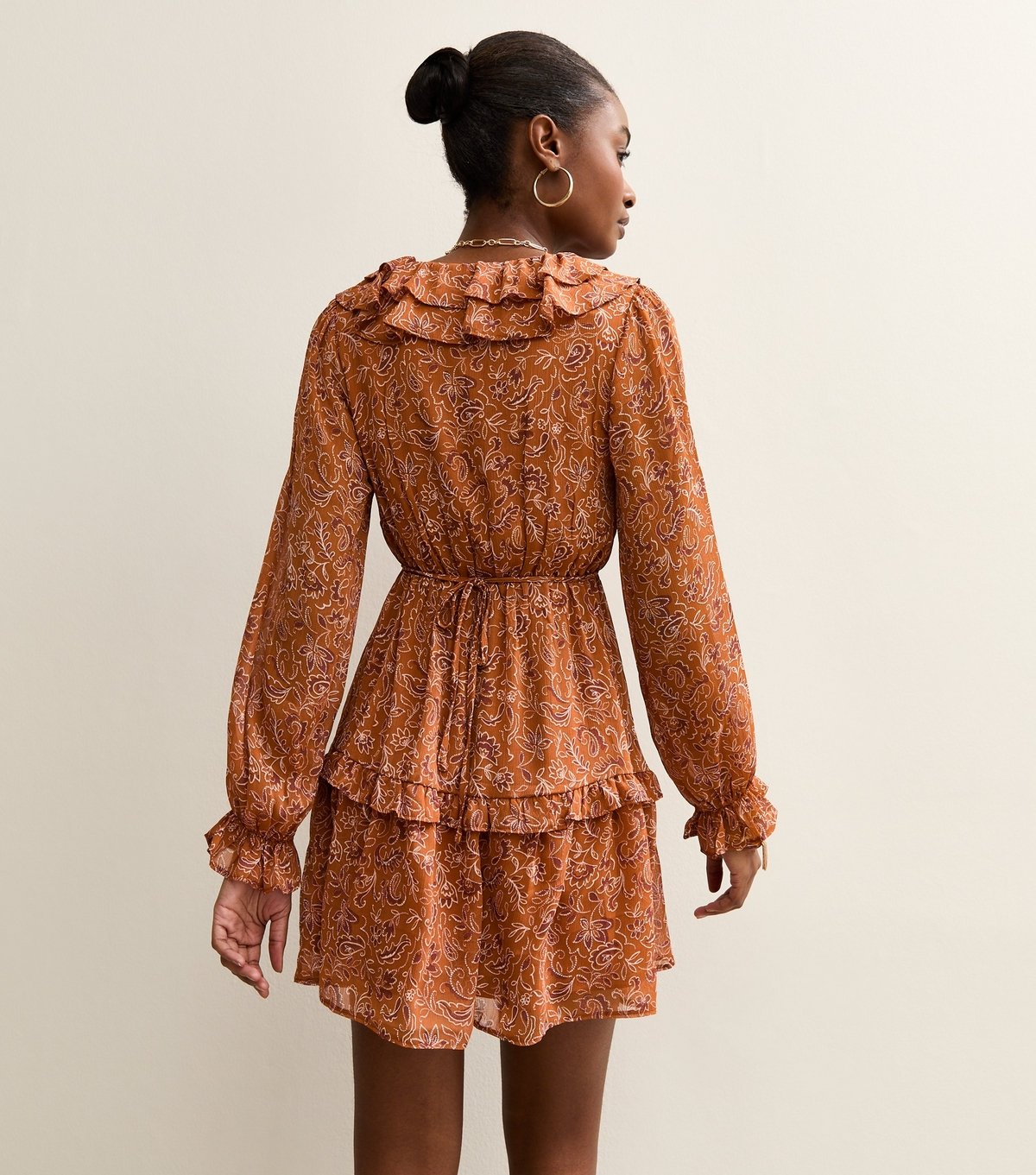 New Look Women's Orange Chiffon Ruffle Paisley Pattern Mini Dress New Look - 4