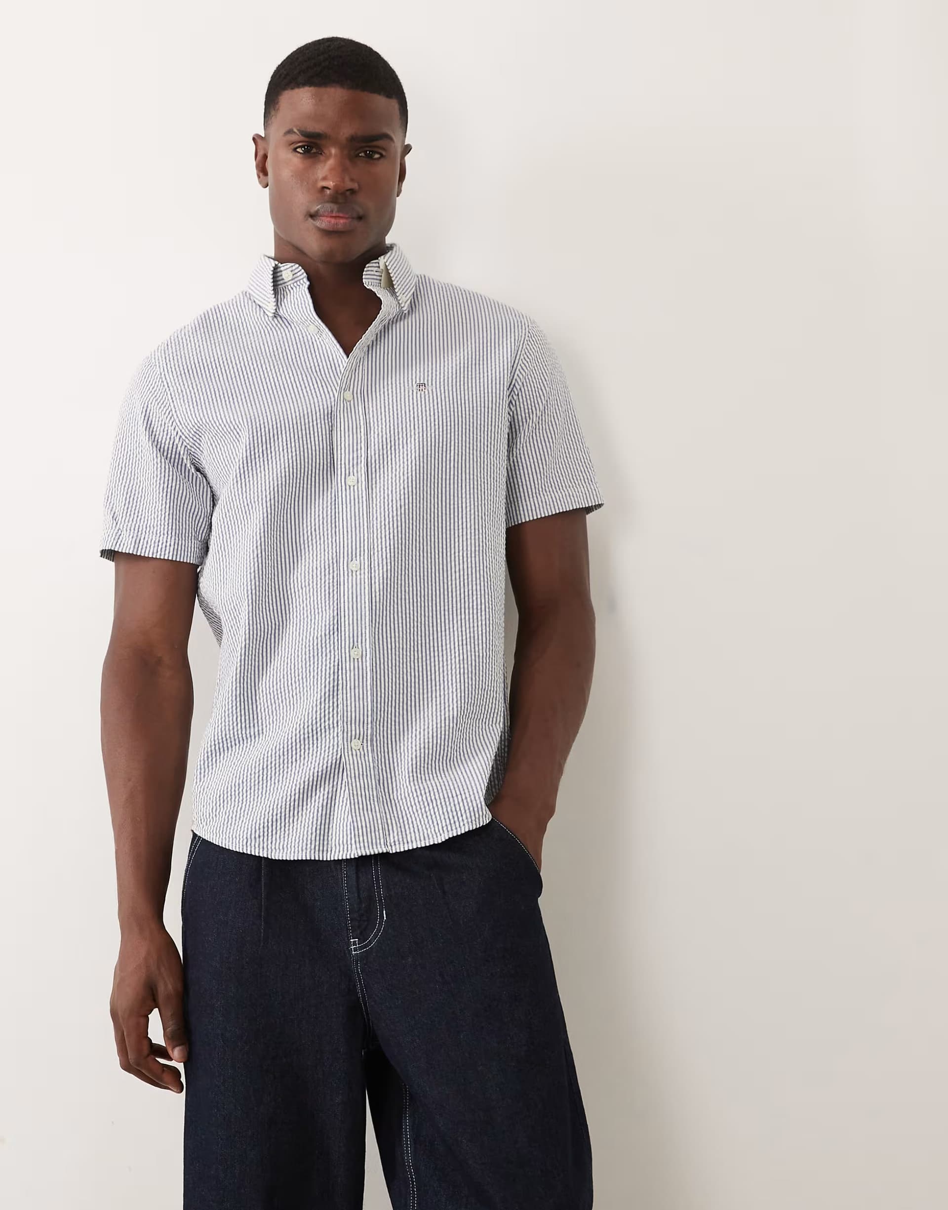 ASOS GANT regular fit seersucker stripe shirt in navy