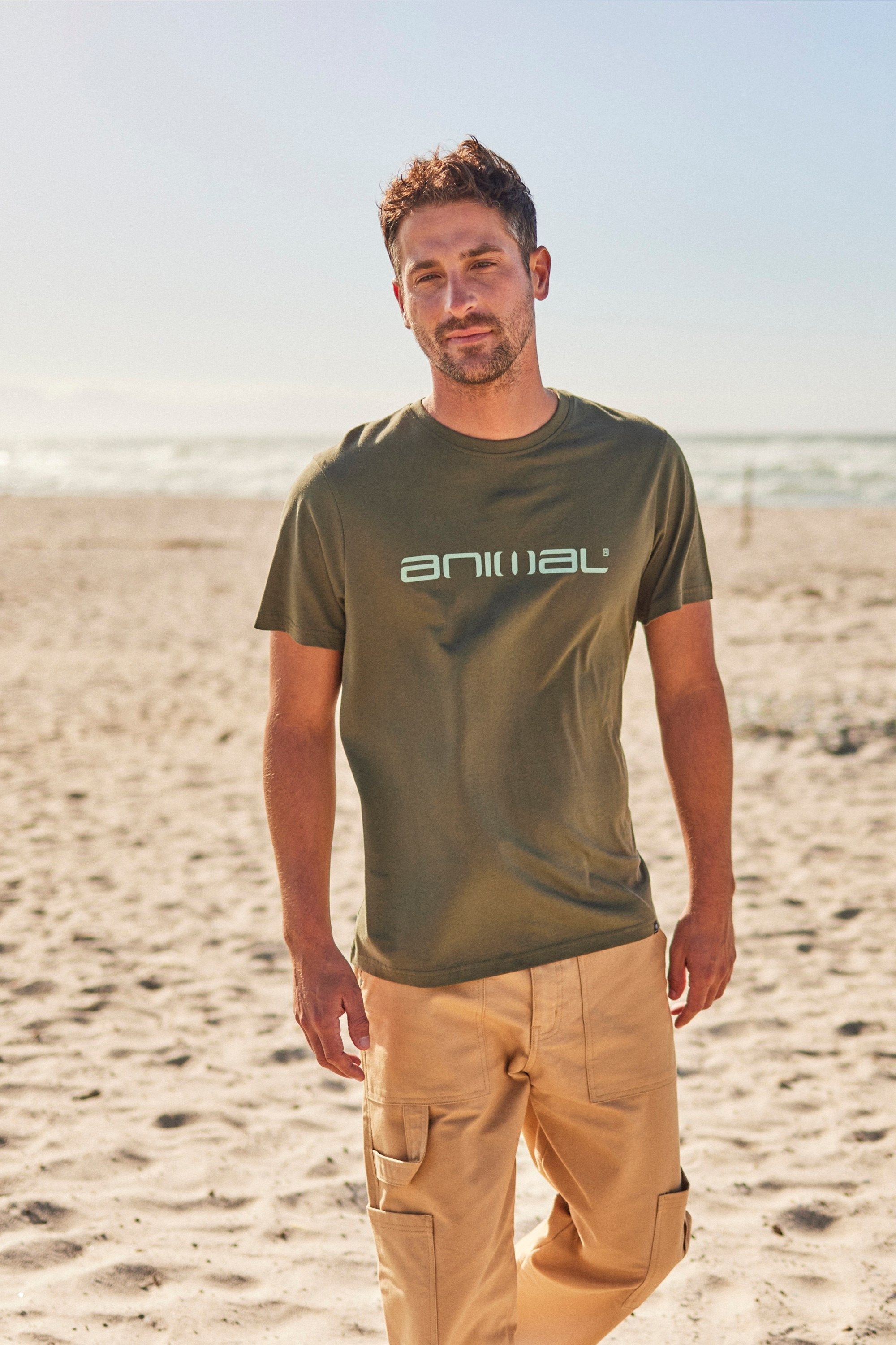 Animal Animal Men's 'Classico' Lightweight Breathable Soft Short Sleeve Cotton T-Shirt in Khaki - 2