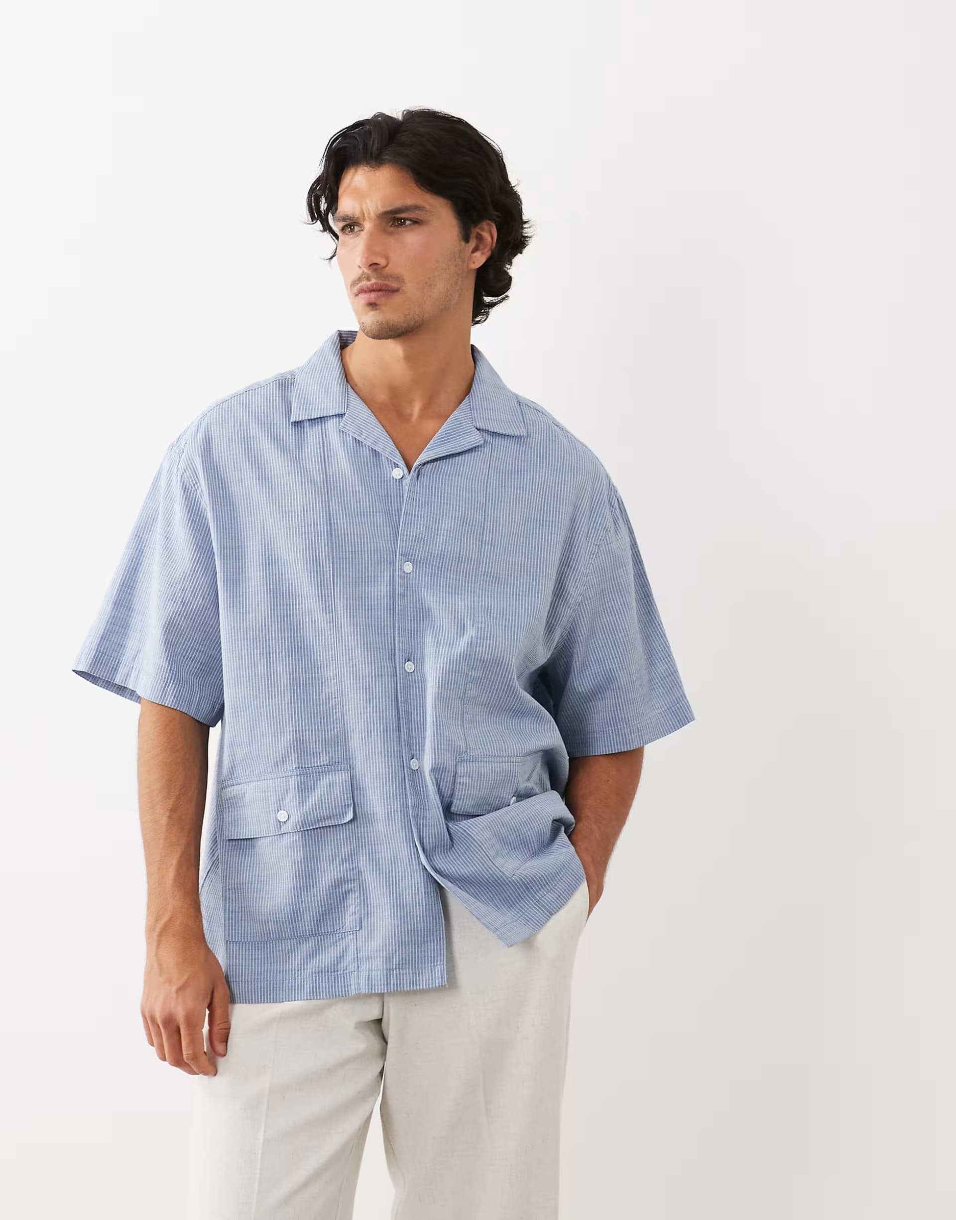 ASOS ASOS DESIGN oversized revere stripe shirt in blue