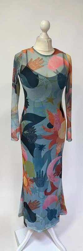 Never Fully Dressed Never Fully Dressed Blue Graphic Mesh Maxi Dress - UK 4 RRP £135