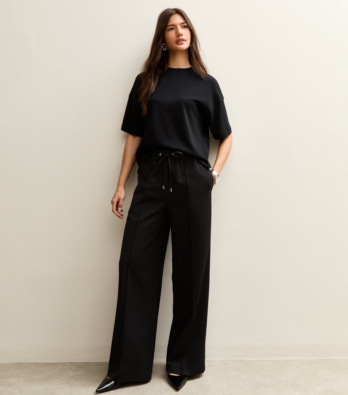 New Look Women's Black Wide Leg Drawstring Trousers New Look