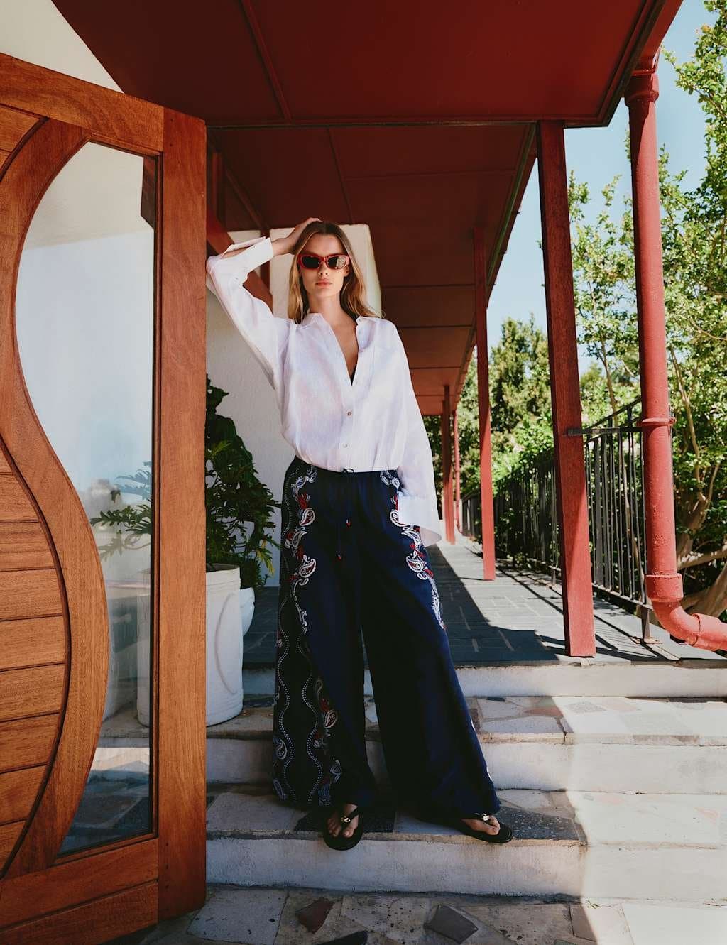 Marks & Spencer M&S Pure Cotton Printed Drawstring Wide Leg Beach Trousers Navy Mix