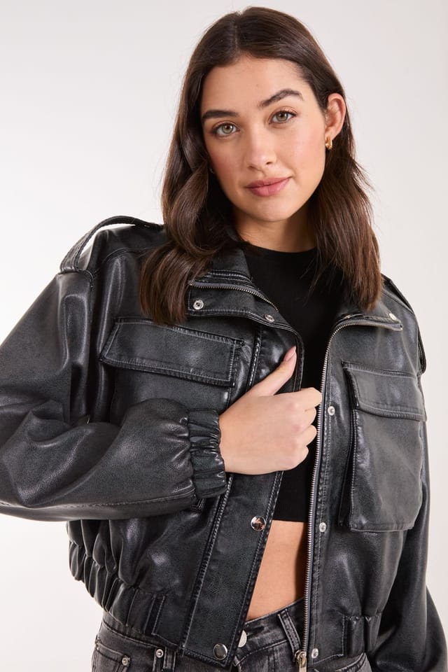 Pink Vanilla Pink Vanilla Women's PU Utility Cropped Bomber Jacket in Black - 2