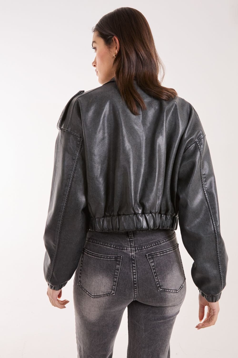 Pink Vanilla Pink Vanilla Women's PU Utility Cropped Bomber Jacket in Black - 4