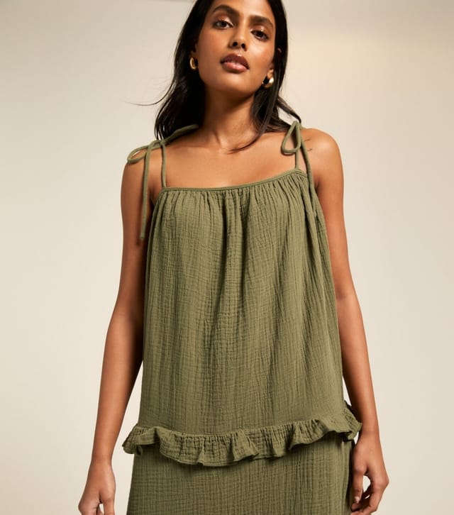 New Look Women's Khaki Crinkled Frilly Trim Midi Dress New Look - 2